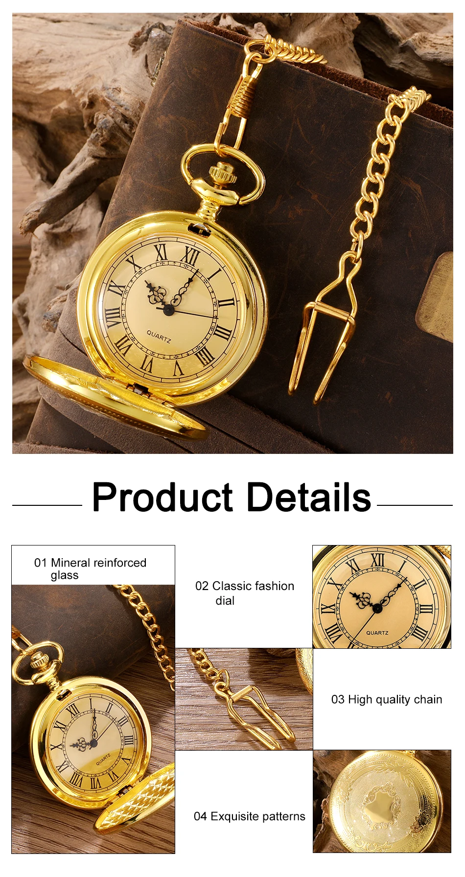 Reloj de Bolsillo de Cuarzo Auténtico con Números Romanos